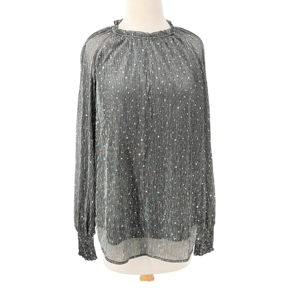 NWT Umgee USA Black Silver Metallic Sequin Blouse Smocked Cuff Top Size M